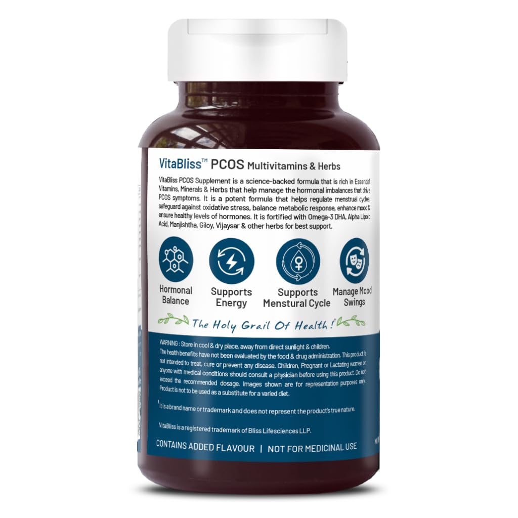 Bliss Welness VitaBliss Women’s PCOS Multivitamin | With Vitamin A C D E B | Menstruation Regulation,Manages Mood & Hormonal Health- 60 Veg Tablets