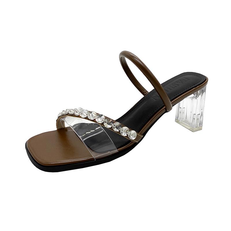 Fashion Summer Crystal Clear Band Square Slippers Women's Fashion Square Head Open Toe Fine Strap Anti-slip Wear-resistant Heels