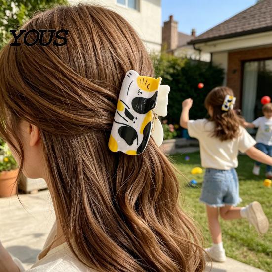 Transparent Hair Clip Claw for Women, Widened Shark Tooth Design Shower Clip, Cartoon Cat Medium Long Lazy Style