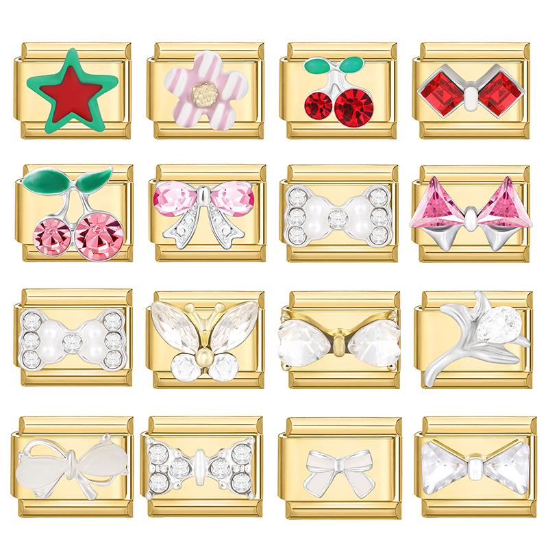 Gold Color Rose Flower Butterfly Heart Cherry Zircon Italian Charm Links Fit 9mm Stainless Steel Bracelet Women DIY Making Gifts