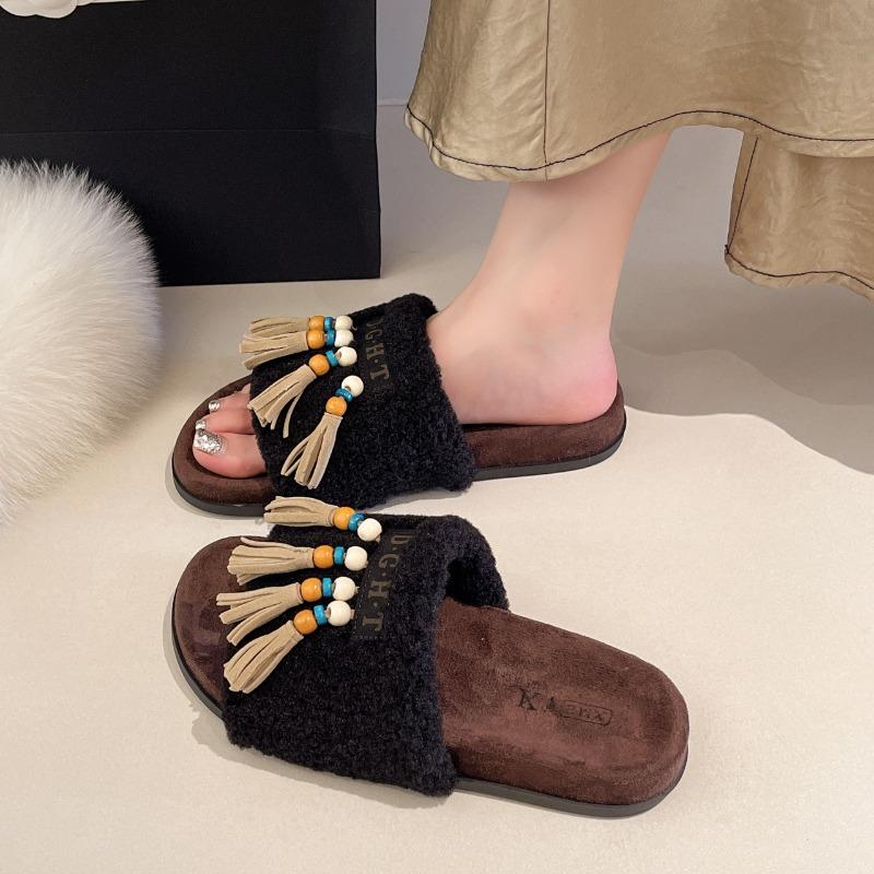 Retro Tassel Fluffy Slippers Women's Autumn New Wear Trendy and Casual Lazy One-word Drag