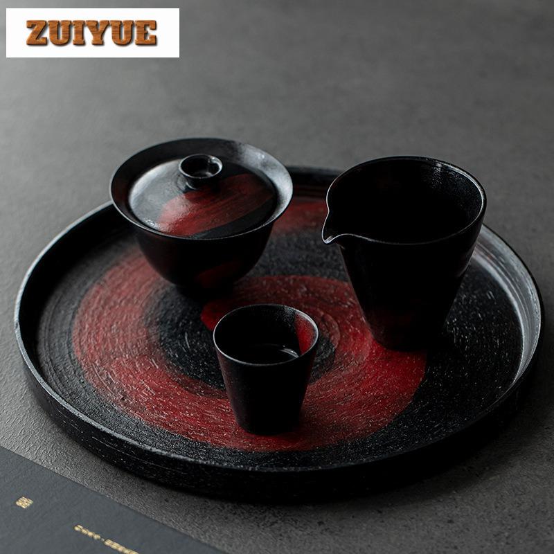Brush Red Ceramic Tea Tray Handmade Coarse Pottery Dry Soaking Tray Breakfast Tray, Fruit Storage Plate Kung Fu Tea Ceremony
