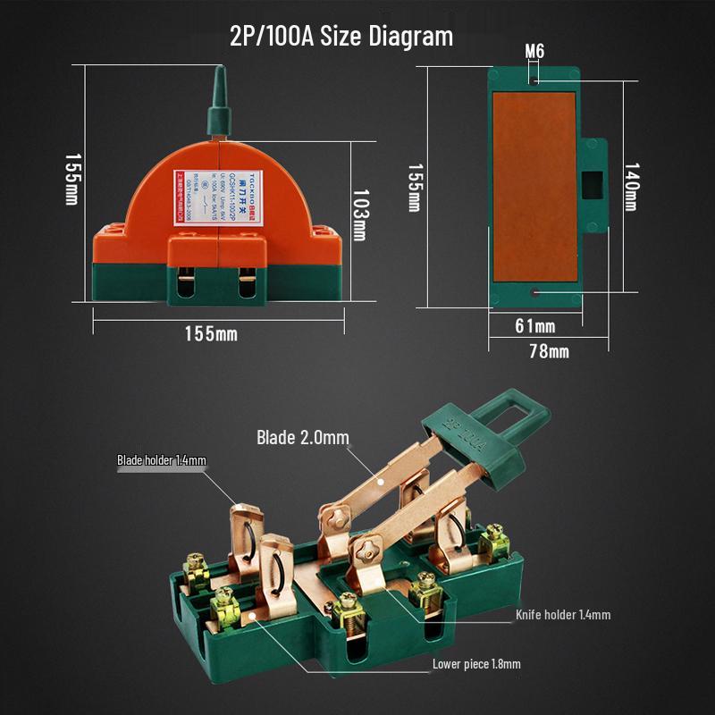 3P 63A Double-Pole Double-Throw Reversing Knife Switch, 100A Three-Phase, Dual Power Transfer