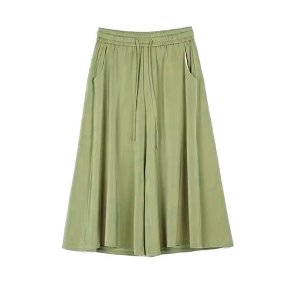 Women Skirt Pants Elastic Waist Adjustable Drawstring Ice Silk Cropped Pants Solid Color Casual Loose Fit Culottes