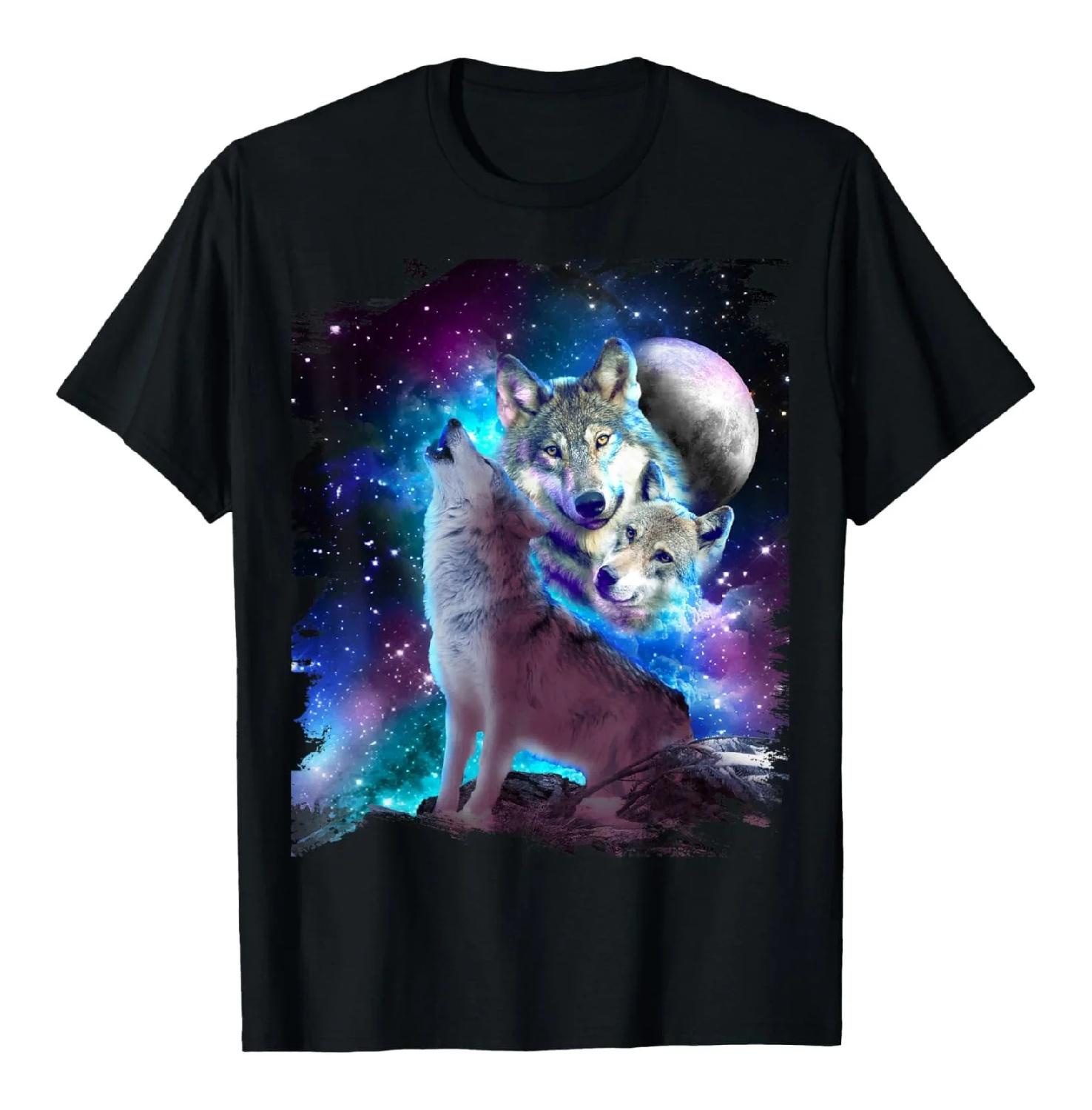 Cosmic Galaxy Wolf Pack Howling At Moon Graphic T-Shirt Breathable Cotton Tee S чёрный