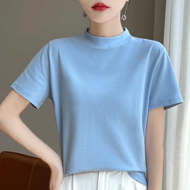 Spring and Autumn Semi-high-necked Cotton Short-sleeved Women's Stand-up T-shirt Joker Loose Sleeve Top Slim Bottom