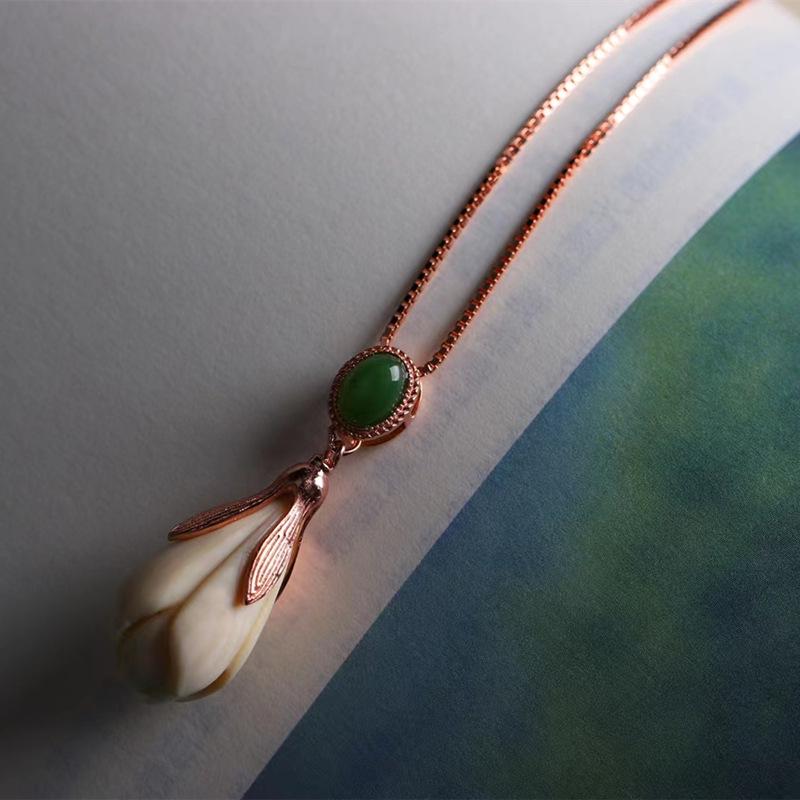 

Mammoth Ivory Magnolia Pendant Retro Necklace Charm Women s Jewelry. Pure Natural