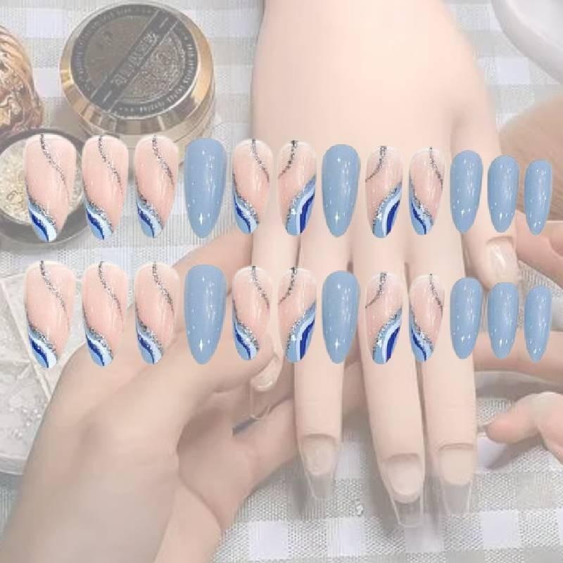 Almond-shaped Simple Wave Blue White French Spring And Summer New Product Fresh And Pure Wearable Nail Art Piece W12