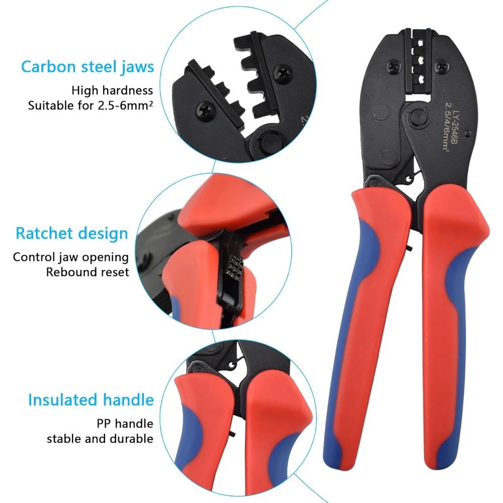 This heavy-duty solar cable crimping tool includes 6 pairs of panel connectors, 1 cable crimping pliers, 1 right-angle wrench, and 1 Phillips wrench.