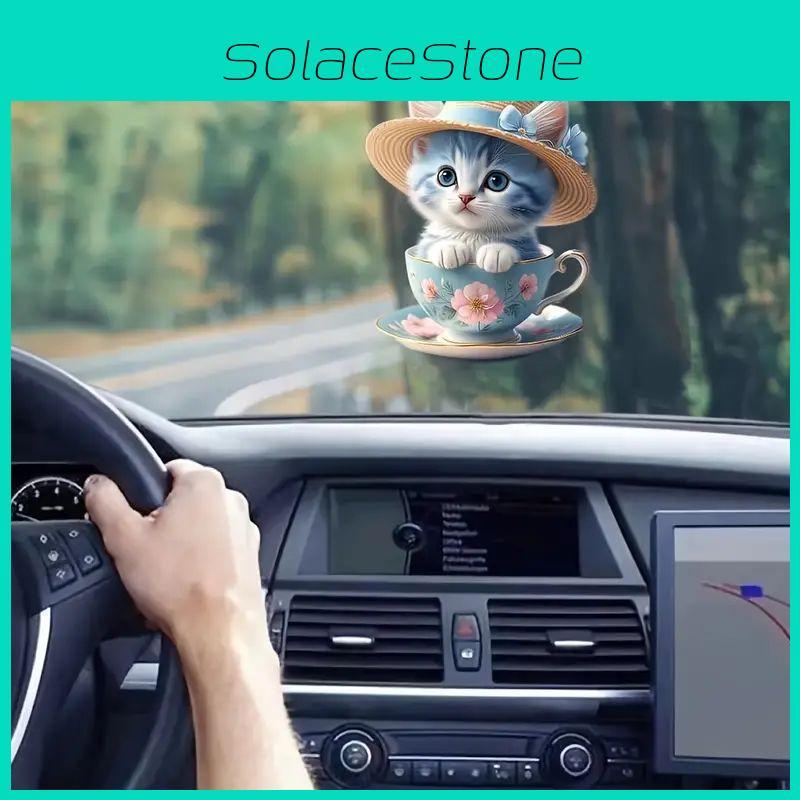 Charming Acrylic Flat Cat Tea Cup Car Interior Decor Pendant For Stylish Drivers