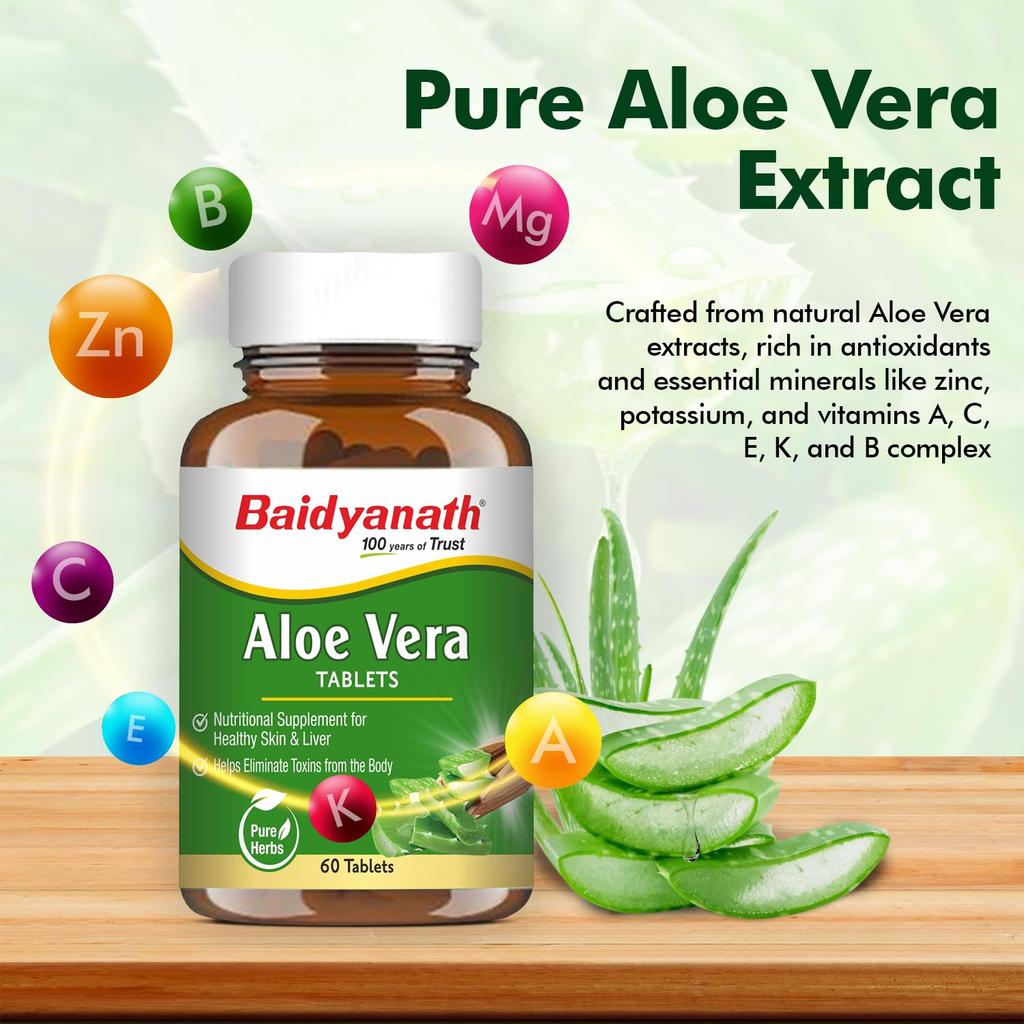 Baidyanath Aloe Vera 60 Tablets 250 Mg Daily Wellness Supplement Skin Care Support Routine Vegetarian Pack Of 1