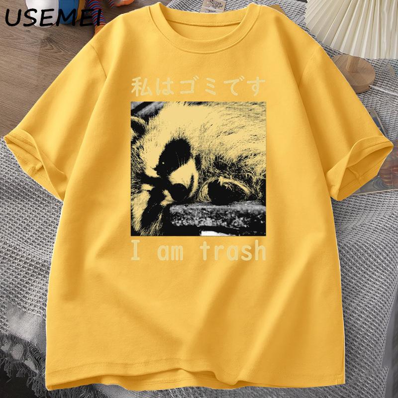 I Am Trash Japanese Raccoon Print Tshirt Harajuku Vintage High Quality Cotton Short Sleeve T-shirt Men's Clothing Top Streetwear