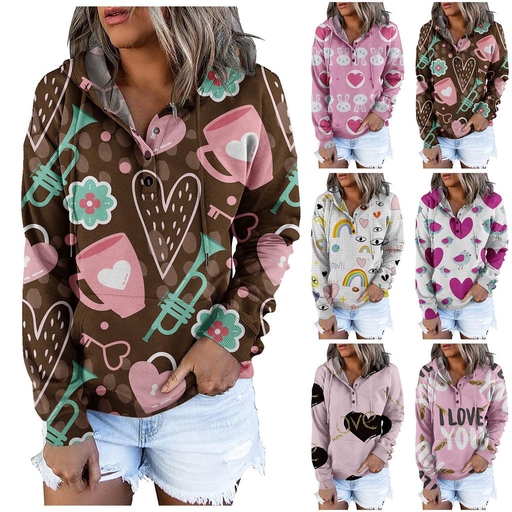 Long Sleeve Shirts For Women Valentine's Day  Lightweight Crewneck Loose Casual Print Hooded Draw Rope Pullover Tops