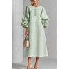 2026 French 3D Floral Lantern Sleeve Button Cotton Linen Midi Dress Women