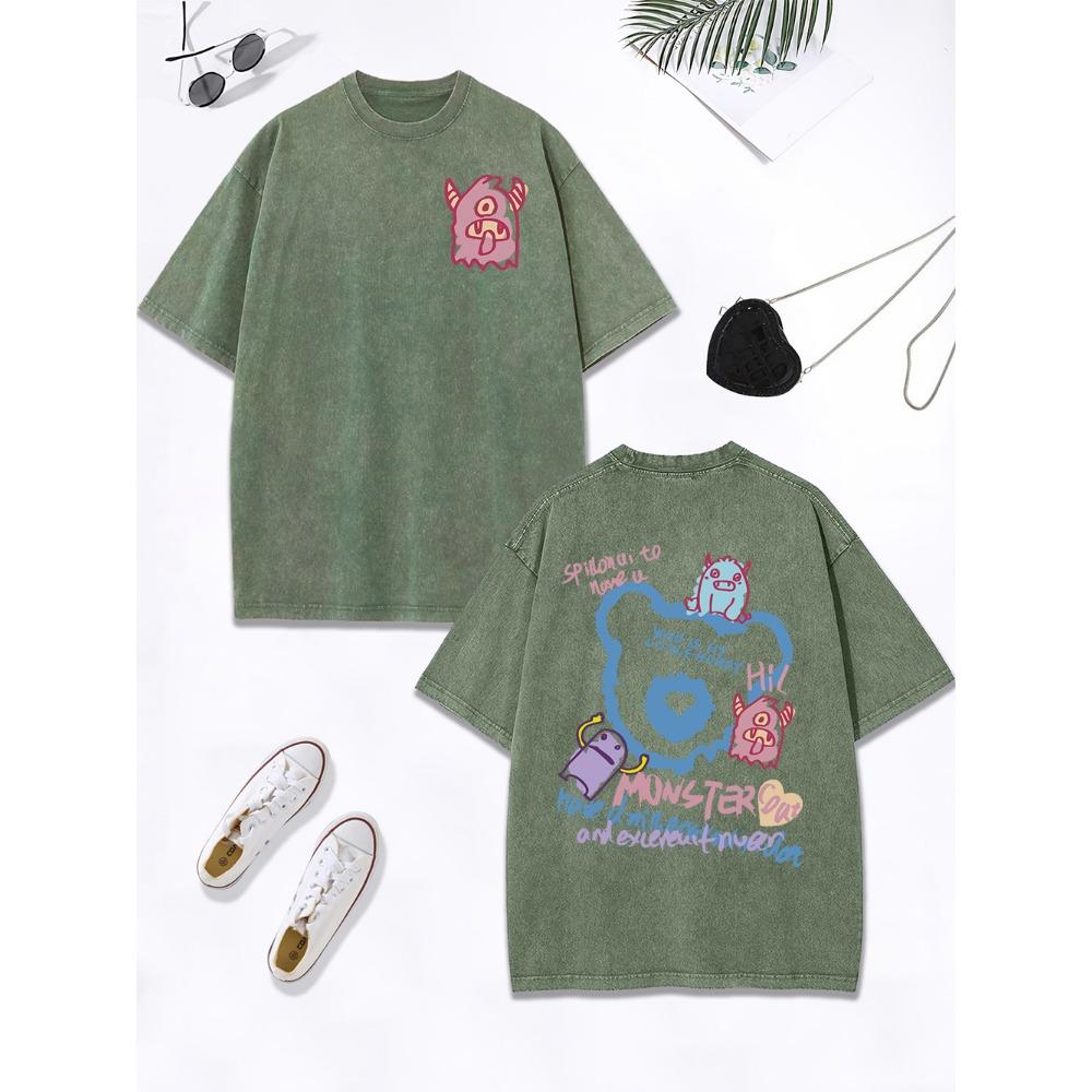 Cute Silly Monster Graffiti Prints Washed T-Shirt Womens Cotton Oversized T Shirts O-Neck Comfortable Tops Womans Clothes