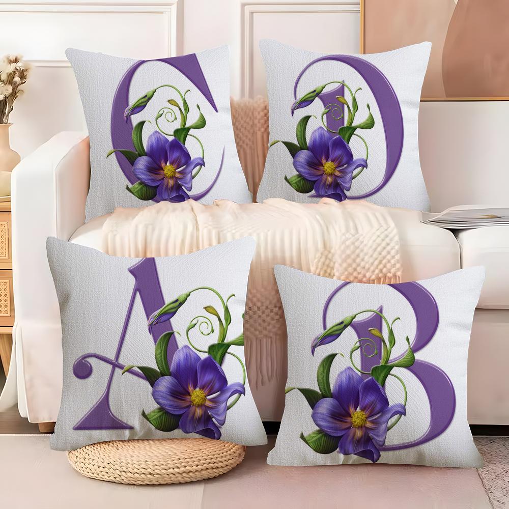 Simple Purple Flower Letters Cushion Cover Natural Linen Organic Fabric DoubleSided Printing Sofa Home Decor Breathable