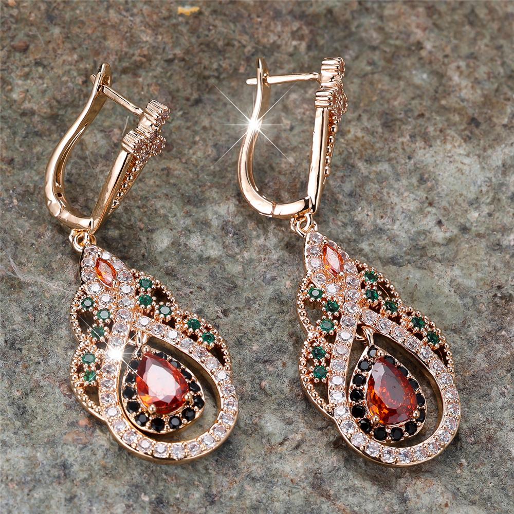 Trendy Crystal Red Zircon Drop Water Hoop Earrings For Women Vintage Gold Color Wedding Jewelry