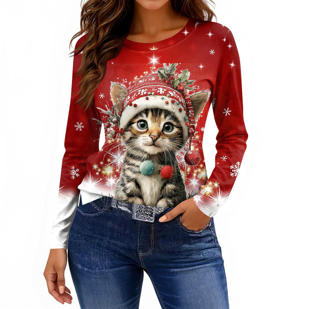 Women's Fashion Casual Slit Hem Round Neck Long Sleeve Loose Printed T-Shirt Ladies Top