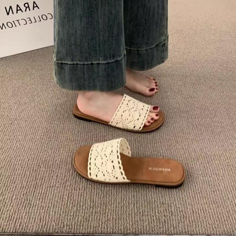 Fashion New Ladies Lace Linen Slippers Women's Sexy Grass Woven Slides Outdoor Light Comfortable Sweet Mesh Handmade Shoes Home Sandals