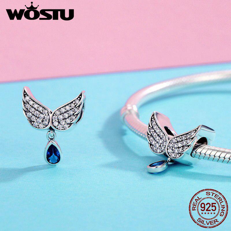 WOSTU Hot Sale Real 925 Sterling Silver Angel Wings Feather Pendant Charm Fit Women Bracelet