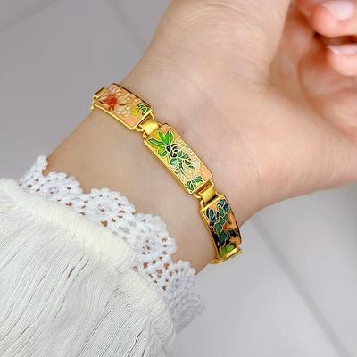 Real Gold Ancient Enameled Flower Bracelet Retro Temperament National Trend Women's Bracelet Hand Jewelry