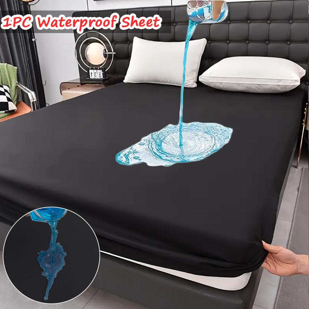Super Waterproof Fitted Sheet Solid Color Non-Slip Mattress Protector Cover Comfortable Bedding with Elastic Band Deep Pocket