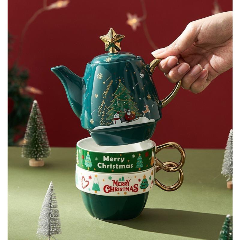 Christmas Ceramic Teapot Teacups Set with Gift Box Santa Claus/Elk Cartoon Teaware Coffee Cup Home Party Decor Christmas Gifts