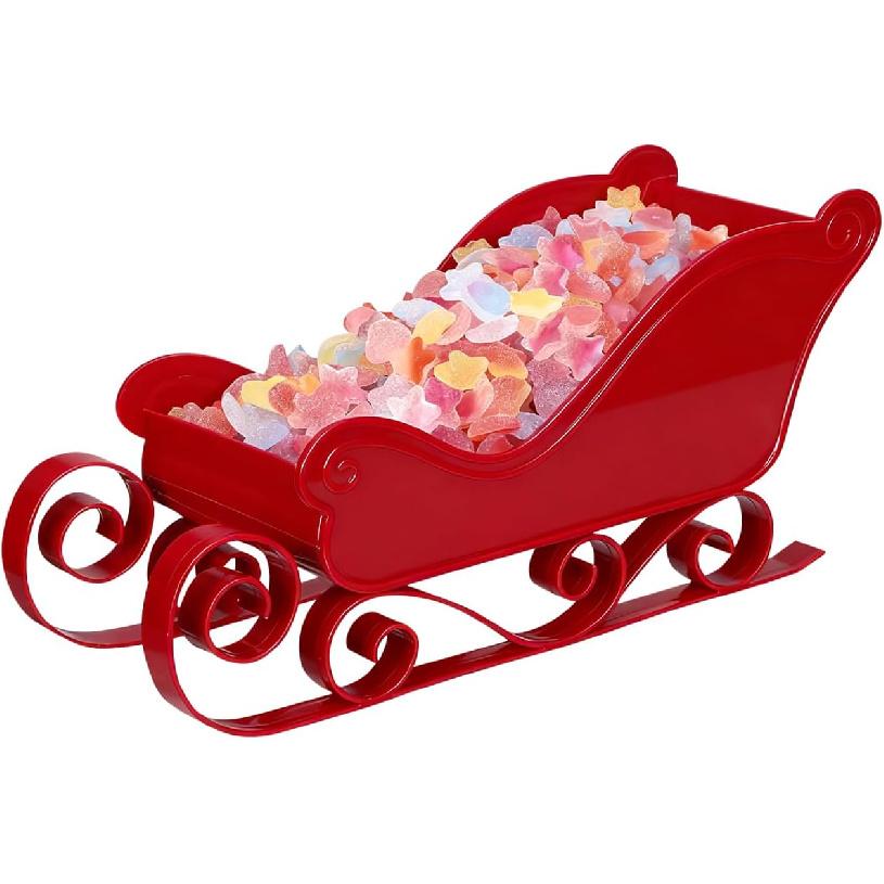 Christmas Mini Sleigh, Christmas Candy Bowl Santa Sleigh Basket Candy Dish Bowl Server Table Top Table Shelf Decors Red Holiday Decoration Winter