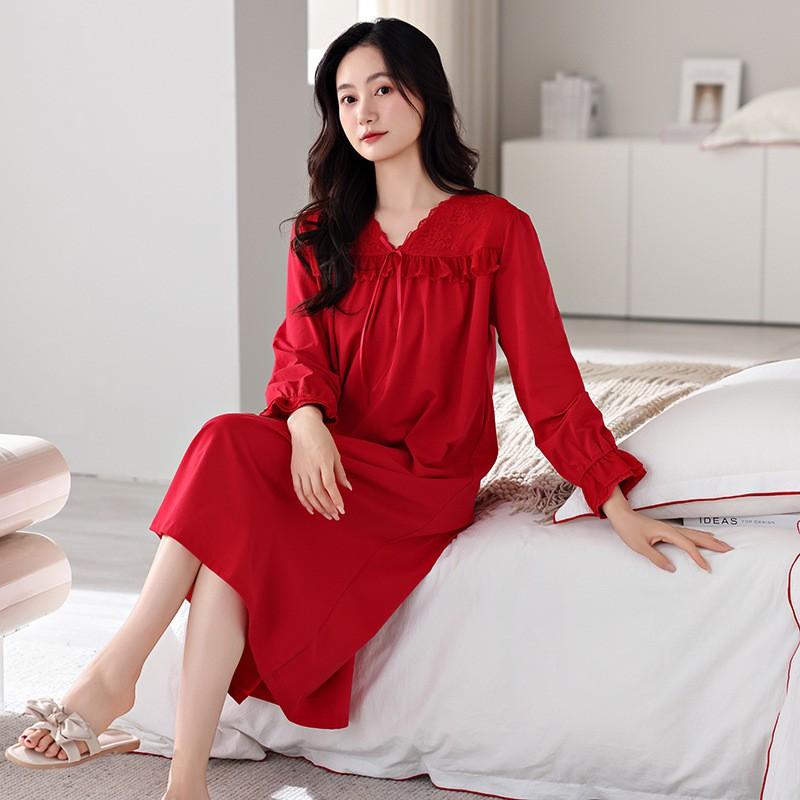Womens Cotton Long Sleeve Nightgown Lace Trim Mid Length Sleepwear