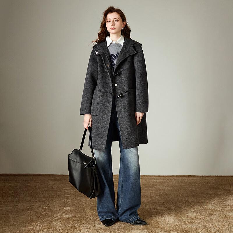 Palton retro de damă cu glugă, lungime medie, amestec de lână