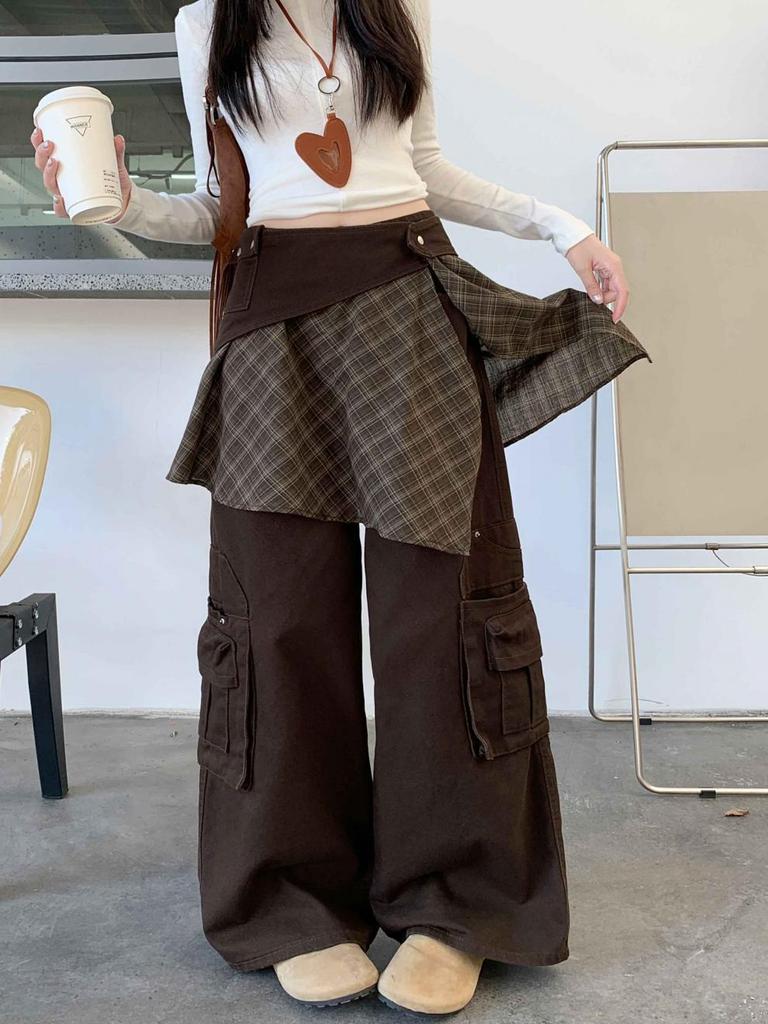 Jean en Denim Vintage à Carreaux Taille Haute Jambe Large pour Femmes