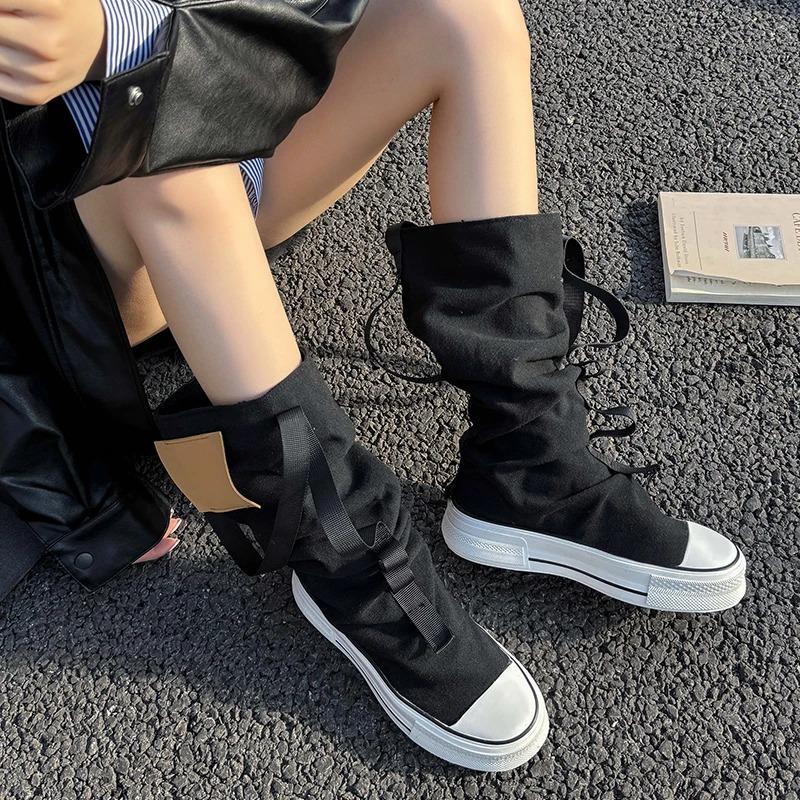 Fashion New Women's Boots Fashion Mid-calf Canvas Boot Breathable Casual Boots Designer Women Pants Tube Stack Boot Student Canvas Boots