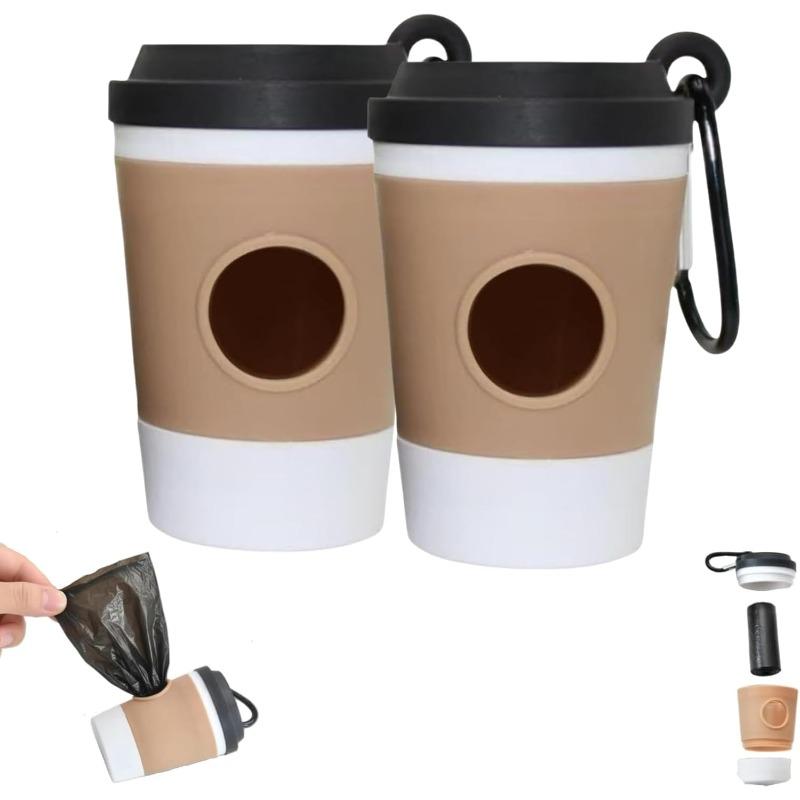 Dog Poop Bag Holder, Coffee Cup Design Dispenser with Carabiner Clip, Portable Waste Bag Carrier for Dogs & Cats, Hands-Free Leash Attachment