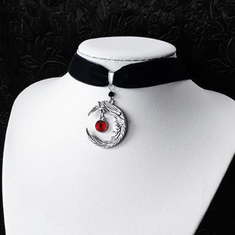 Gothic Red Dragon Eyes Moon Velvet Choker Necklace for Halloween