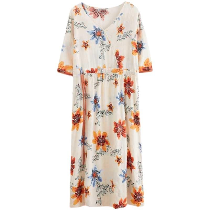 Nowe luźne plus size drukowane sznurki do wiązania w pasie etniczny styl dekolt w serek rękaw pięciominutowy literackie długie sukienki