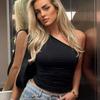 Solid Color One Shoulder Backless Shrink Tank Top T-Shirt Candy Color Tight Sexy Sleeveless Neckless Slim Casaul Top