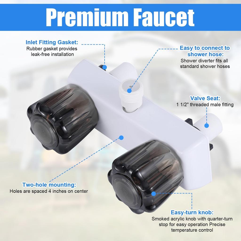 RV Shower Faucet, Camper Shower Faucet Replacement 4" RV Shower Valve Diverter with Dual Knobs Bathroom Shower Accessories Parts for Outside and
