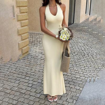 Women's Halter Neck Sleeveless Slim Fit Maxi Dress Elegant Solid Color Bodycon Evening Gown