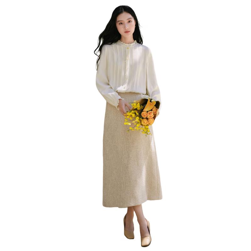Xiangying French Literary White Ruffle-Trim Tie-Neck Blouse L