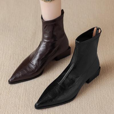 Pointed Low Heel Brown Elastic Thin Boots Autumn and Winter New Thin Short Boots Women's Retro Chelsea Boots