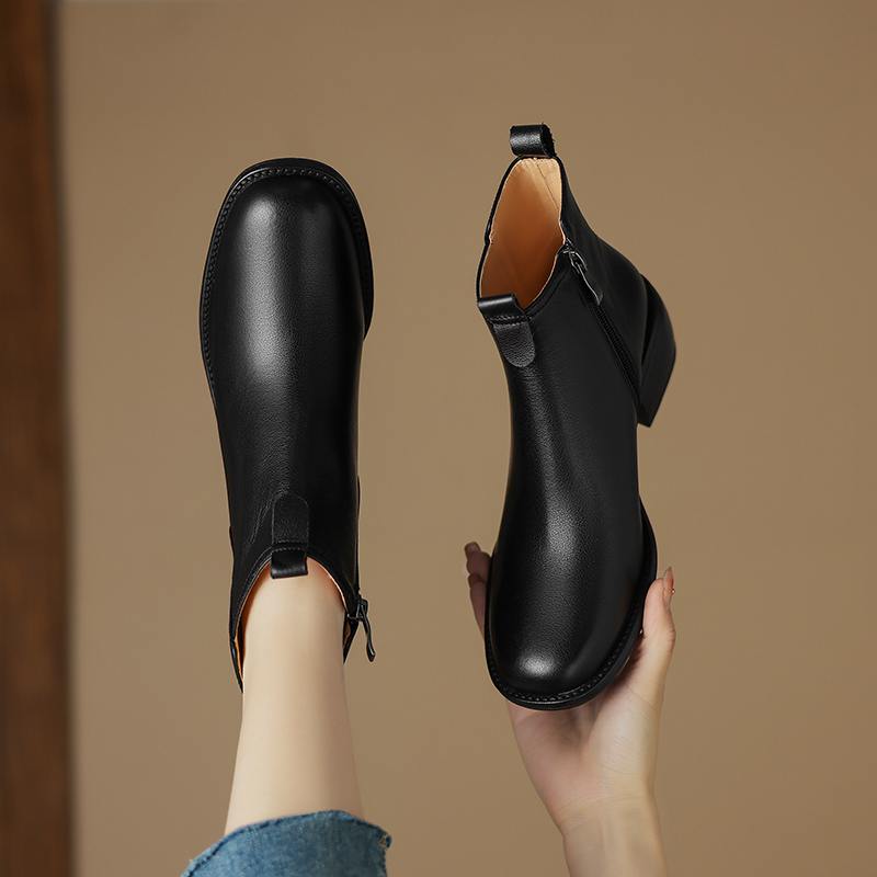 Krazing Pot Cow Skin Winter Square Toe Thick Heels Chelsea Fashion Boots Women Slip on Women Ankle Boots