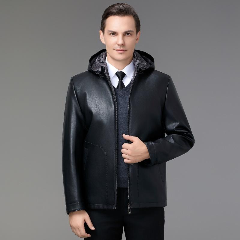 Herbst- und Winterpelz All-in-One Herren Lammfell Lederjacke Lammwolle Mittelalter Kapuzenpelzmantel dick