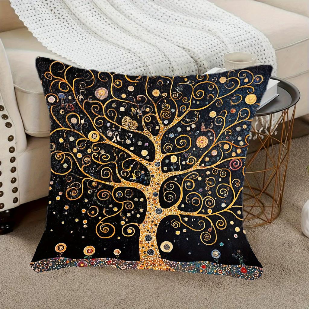 Retro Klimt Inspired Tree Of Life Pillowcase Geometric Pattern Polyester Fabric Decorative Cushion Cover For All Room Types Home