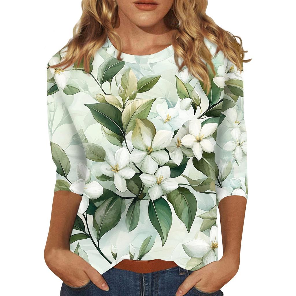 Women's Floral And Casual Three-quarter Sleeves Floral Print Collar Top