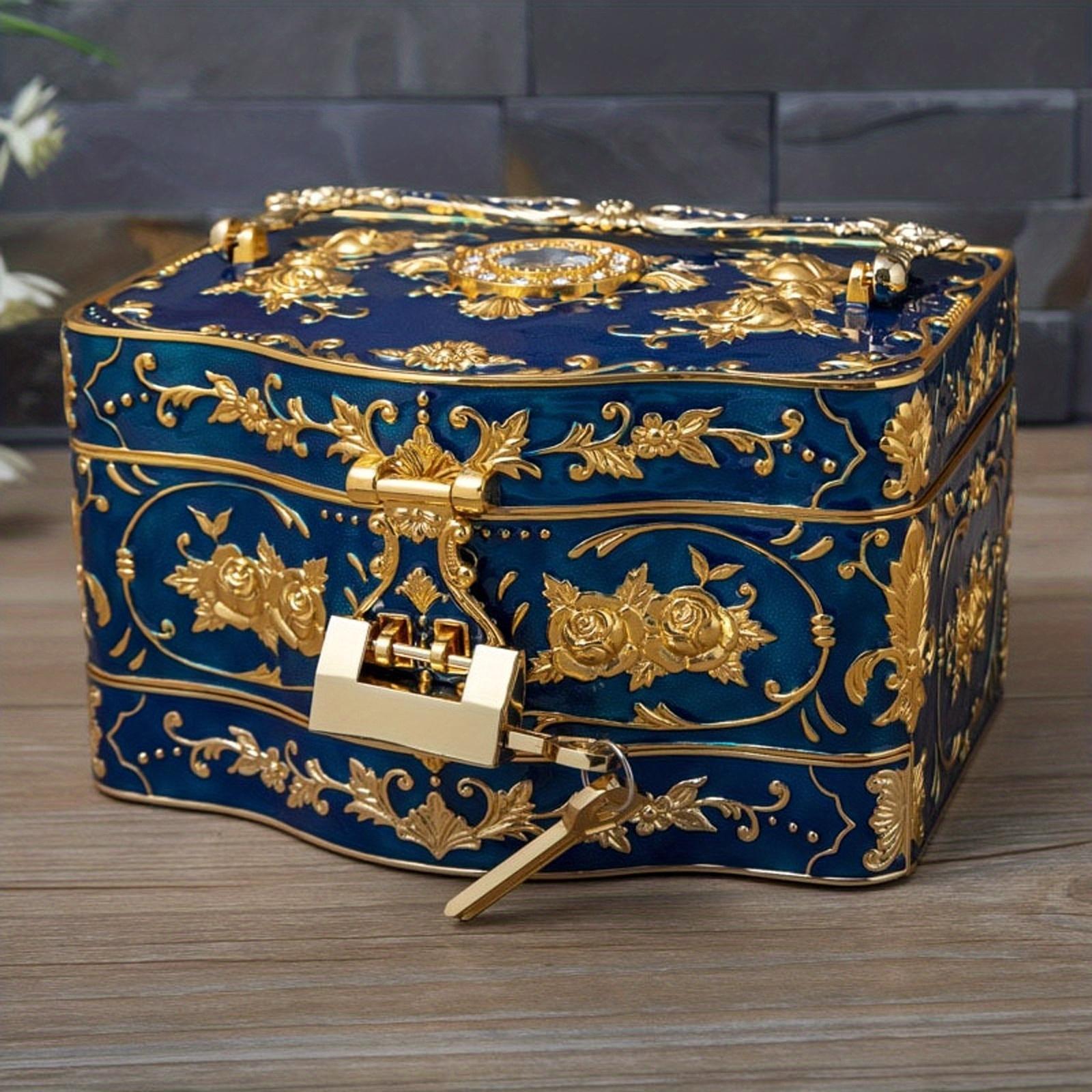 

1 шт. в винтажном стиле, прямоугольное металлическое хранилище ювелирных изделий большой емкости с замком, портативный подарок для свадебного макияжа 18*12.8*10.5cm/7.1*5.03*4.13in золотистый/синий
