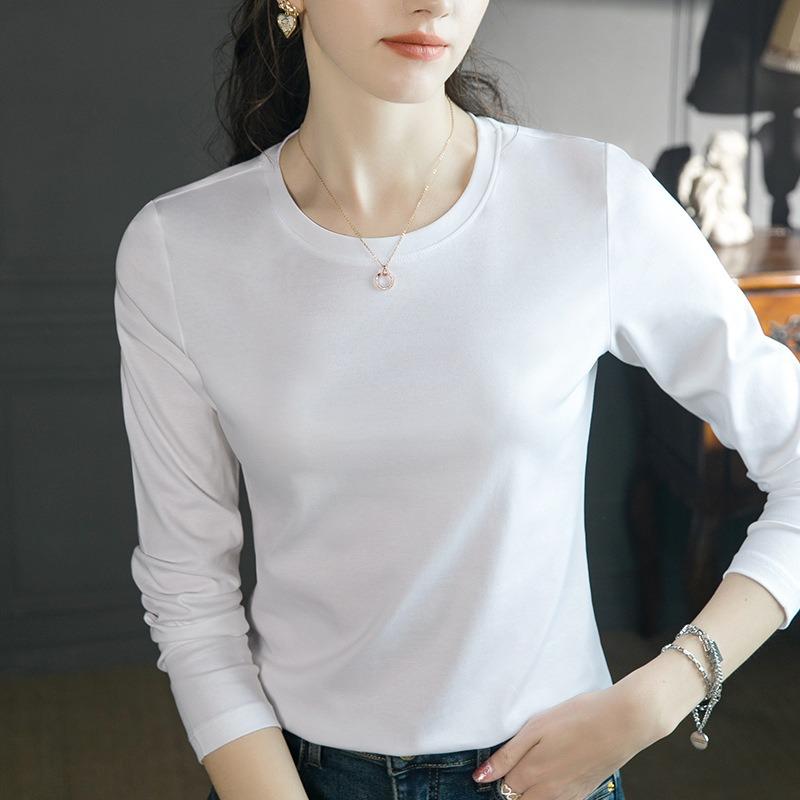Cotton t-shirt women's new summer simple loose non-deforming double-sided mercerized cotton round neck long-sleeved t-shirt