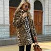 Women's Autumn and Winter New Leopard Print Suit Collar Medium and Long Imitation Fur Coat Top Women