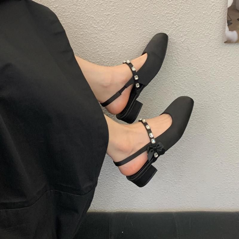 2025 new retro Mary Jane single shoes back strap summer square head medium heel French bag head sandals women's spring and autumn