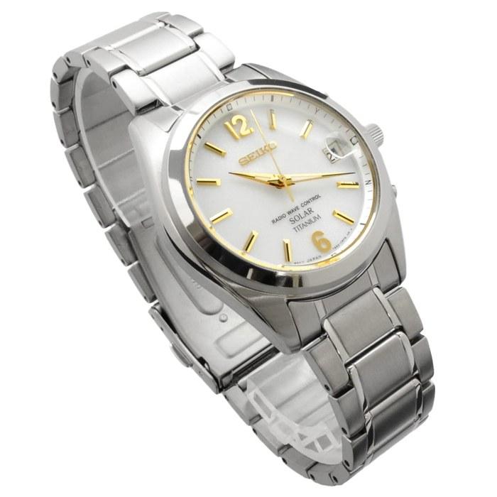 Seiko Selection SBTM227 Men's Watch, Solar Radio Sync, Date Calendar, White & Gold Dial, Pure Titanium, Silver/White