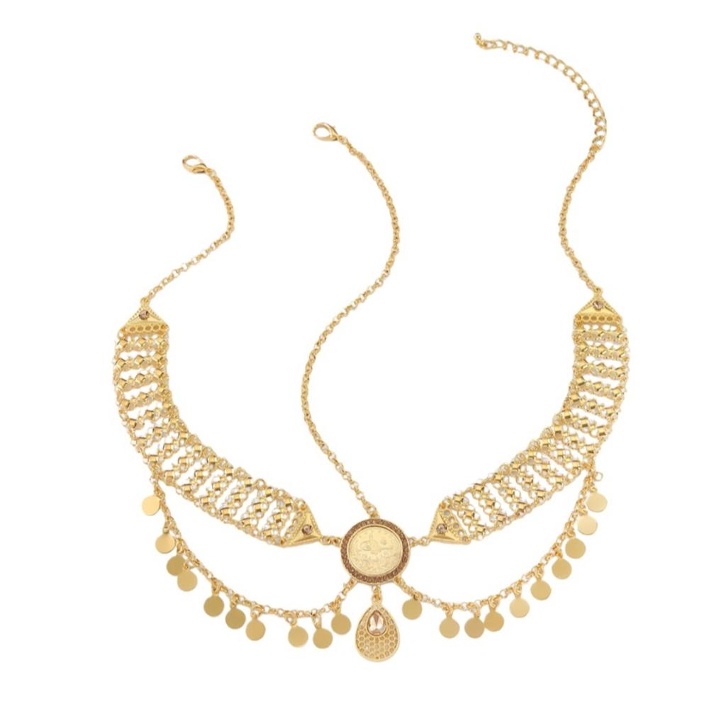 Orientalischer Kopfschmuck Goldfarbene Legierung Münze Strass Wassertropfen Paillette Quaste Kopfkette Hochzeit Braut Kopfschmuck